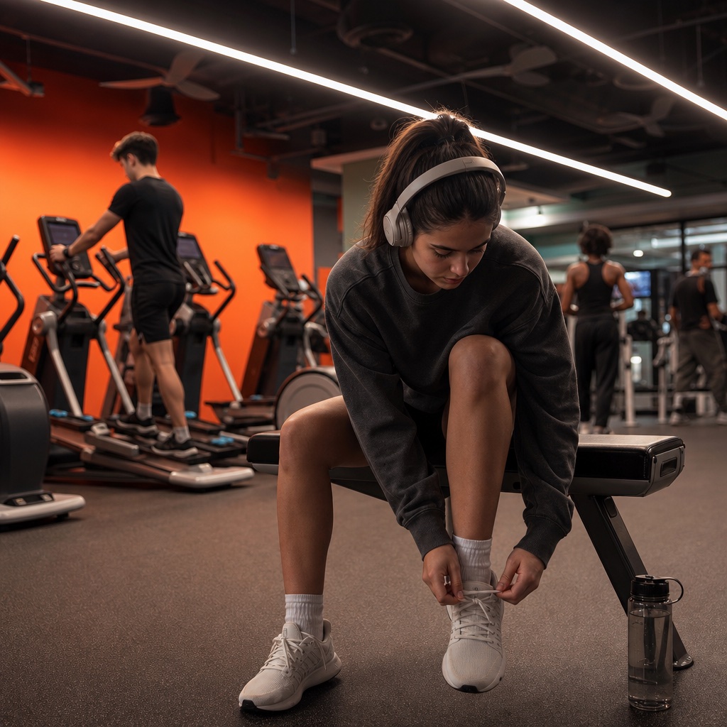 AI lifestyle image of a resident tying shoes in a fitness center