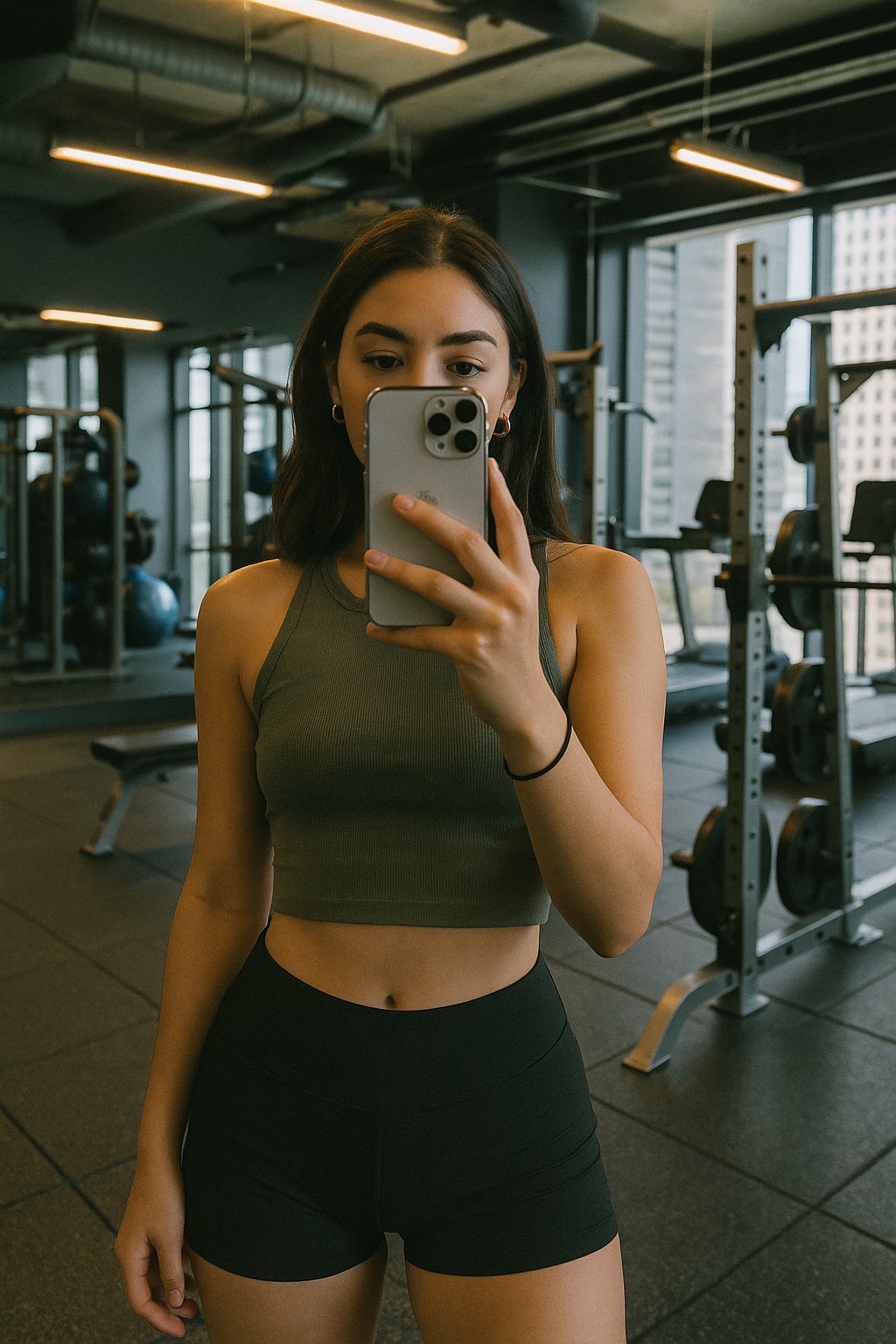 AI lifestyle image of a resident taking a gym mirror selfie