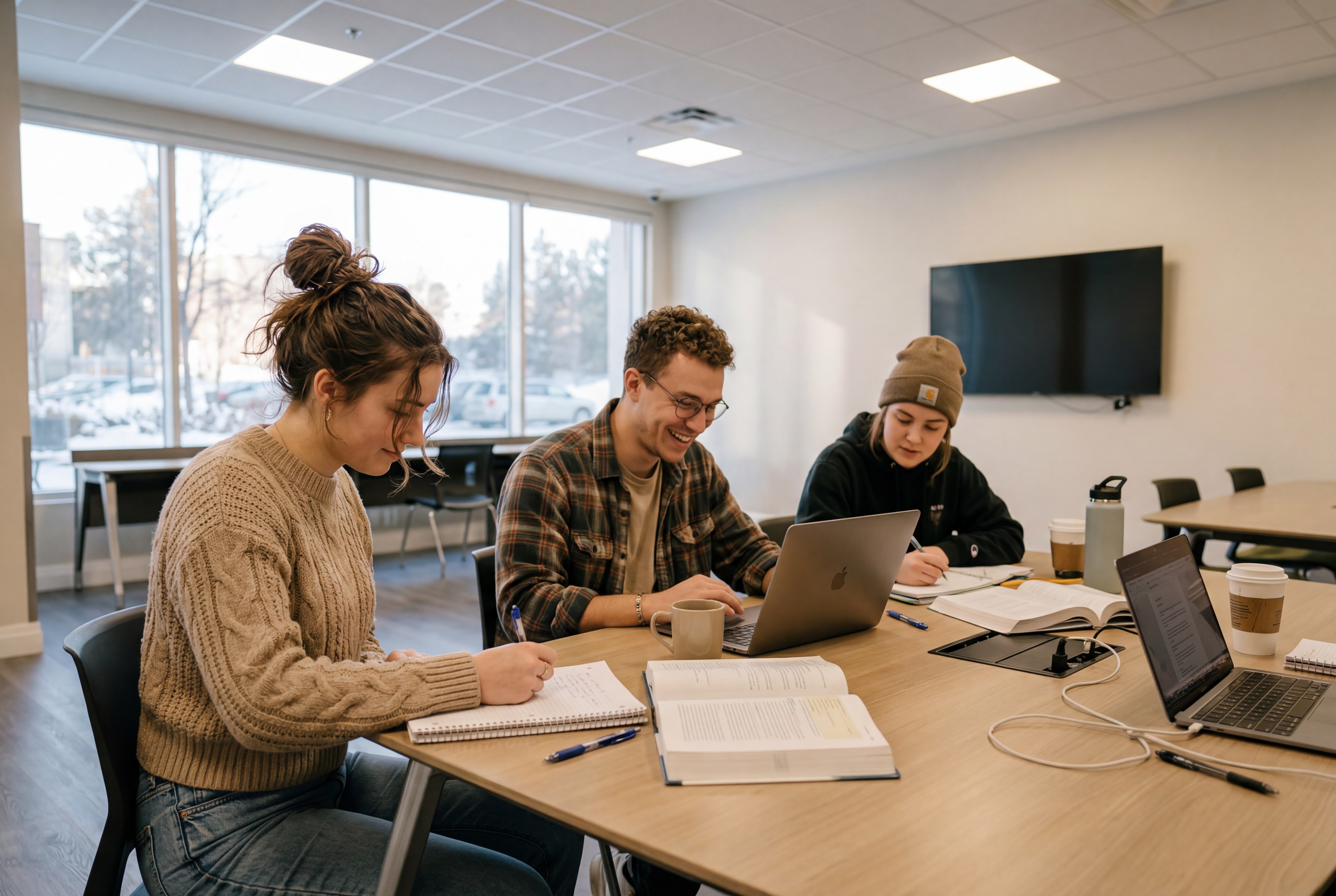 AI lifestyle image of residents studying together in a shared workspace