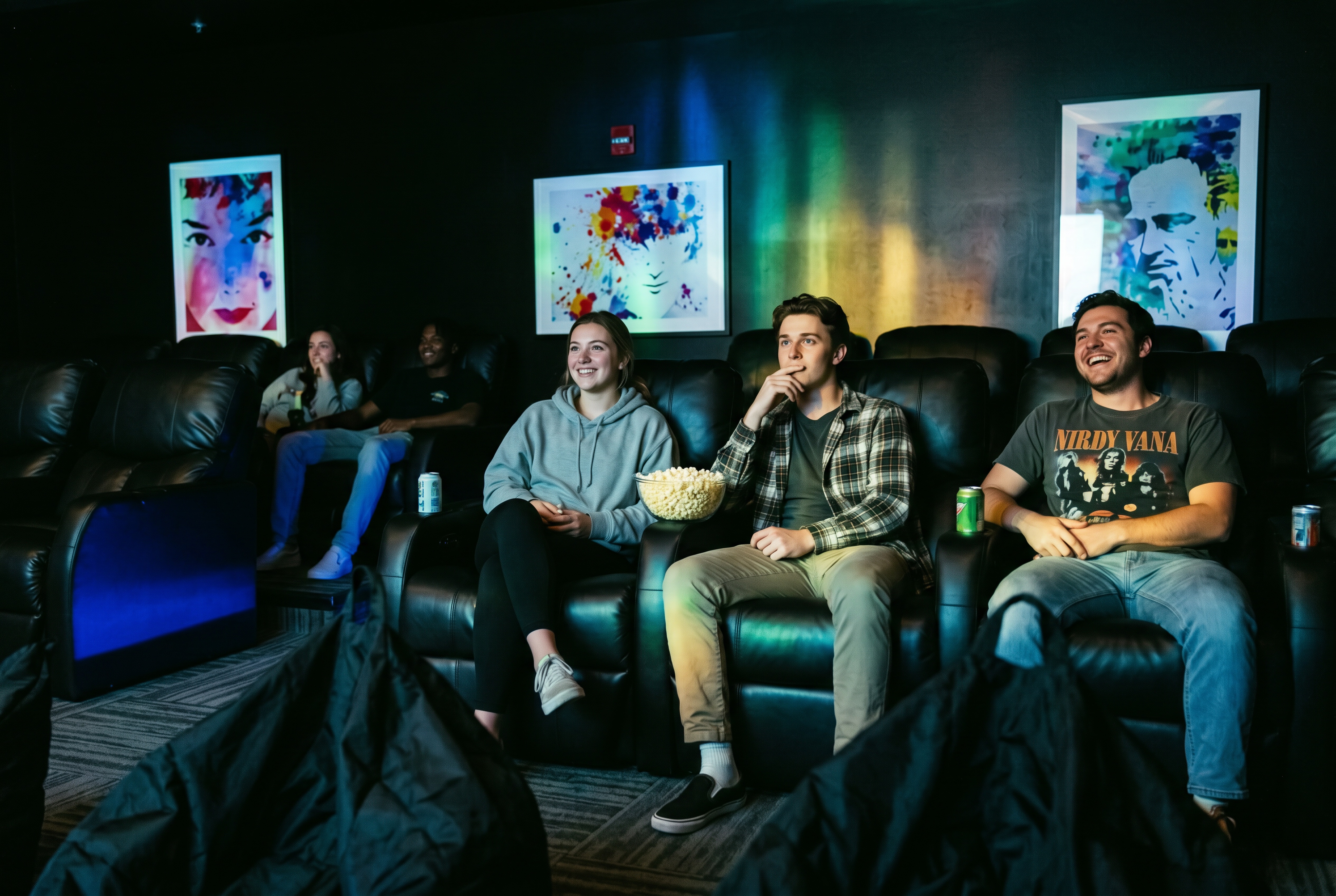 AI lifestyle image of residents watching a movie in a theater room